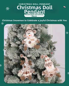 Macro shot of knitted Christmas ornaments featuring snowmen and reindeer on a snowy tree