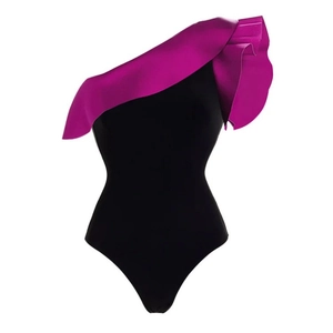 Women's one-shoulder ruffle monokini swimsuit in purple and black color block