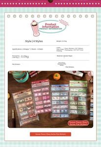 Detail view of retro Japanese style index stickers with food and panda illustrations