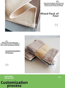 Detailed waffle weave texture on cotton dishcloths showing tidy stitched edges and 4-pack set
