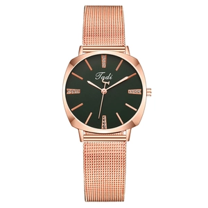 Women's rose gold mesh watch with dark green dial and sparkling diamond accents