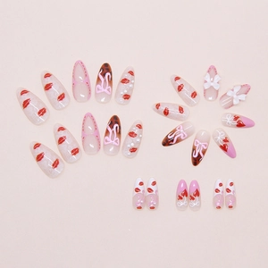 Set of 24 stylish press-on nails featuring 3D bows, leopard print, and red lip designs