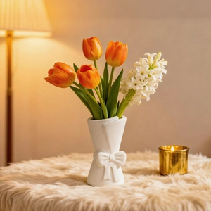 Detail of white matte ceramic vase featuring an embossed bow and elegant pleated rim