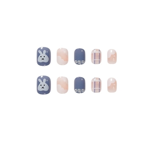 Cute cartoon rabbit press-on nails featuring blue and pink matte finish with pearl accents
