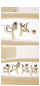 Detailed view of silver dachshund stud earrings with screw backs and size measurements