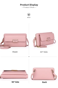 Pink lychee grain leather crossbody phone bag shown from front, side and back views
