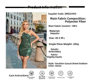 Detail of green sequin one-shoulder dress with silver wavy stripes and embroidery
