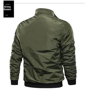 Back view of army green bomber jacket with black ribbed cuffs and hem on white background
