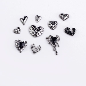 Gothic style silver heart nail charms set with cross and liquid metal alloy designs