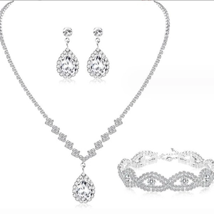 Elegant silver bridal jewelry set with water drop rhinestone necklace earrings and bracelet