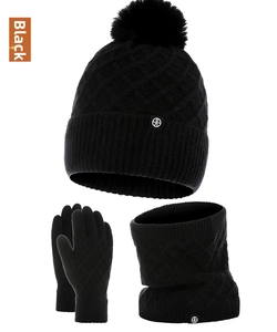 Detailed view of black cable-knit winter set including pom-pom hat, neck gaiter, and gloves