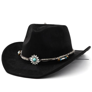 Detail of western hat with woven band, silver sunflower concho and turquoise bead