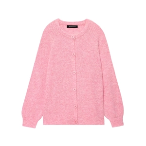 Detailed macro view of soft pink knit cardigan with plush texture and round buttons