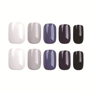 Short oval-square press-on nails in a gradient of white, grey, blue, and purple tones