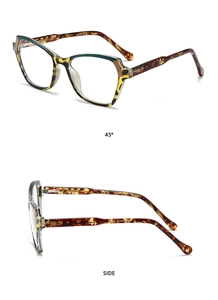 Detailed views of tortoiseshell optical frames showing 45-degree and side profiles