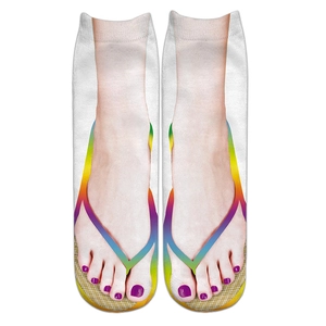 Detail of 3D printed socks featuring flip-flops pattern and purple nail polish art