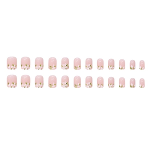 Translucent pink press-on nails with white floral patterns, 24 pieces in square shape
