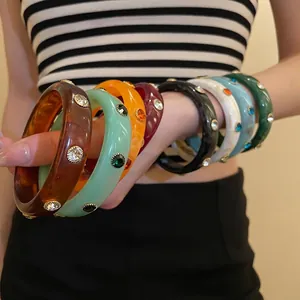 Vintage Chunky Acrylic Resin Bangle Bracelet With Colorful Rhinestones Marble Texture For Women Fashion Jewelry