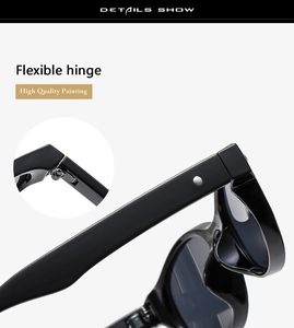 Détail de la charnière flexible et de la finition noire brillante des lunettes de soleil