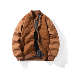 Brown quilted bomber jacket with wave patterns and utility sleeve pocket for men