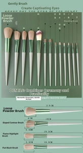 Size details of the 13-piece makeup brush set featuring powder, blush, and contour brushes