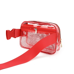 Detail view of red transparent PVC waist bag with durable zippers and nylon strap