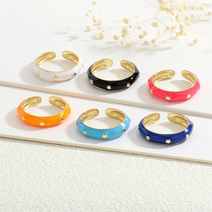Set of six colorful enamel star open rings in gold plated finish for a trendy fashion look