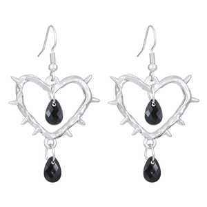 Gothic thorn heart earrings with black teardrop crystals in polished silver finish