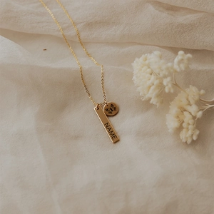 Macro de collier doré personnalisé avec barre verticale et pièce gravée d'un papillon