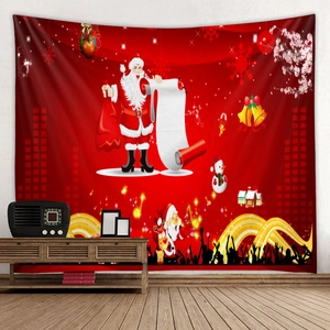Christmas tapestry featuring Santa Claus and snowman on red festive background decoration