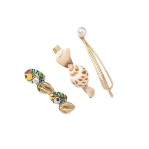 Three-piece set of natural seashell and pearl hair clips with creative gold metal plating