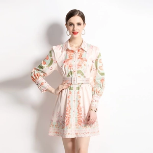 Vintage floral silk-like maxi dress with V-neck long sleeves and matching waist belt