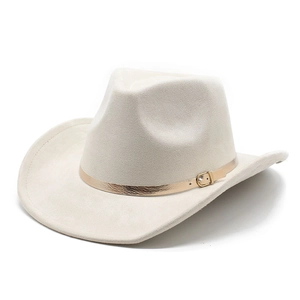 Detail of white felt cowboy hat featuring a gold metallic band and adjustable buckle