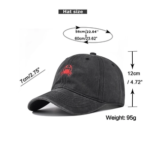 Detailed size specifications for washed dark gray cotton baseball cap with crab embroidery