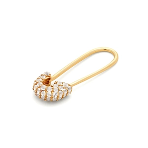 Elegant gold safety pin earrings with sparkling cubic zirconia on a white background