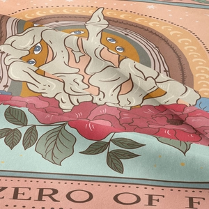 Macro view of bohemian tapestry fabric texture and detailed tarot card mystic printing