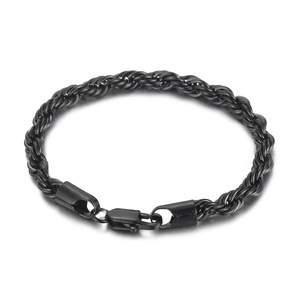 Klassisches schwarzes Edelstahl-Kordelarmband mit Karabinerverschluss für Damen und Herren
