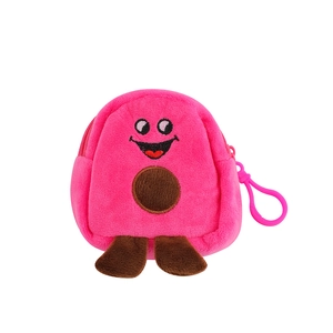Macro detail of plush avocado coin purse with soft texture and pink embroidery