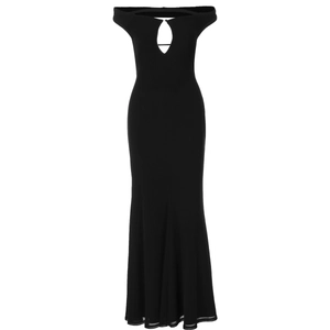 Détail d'une robe longue noire à épaules dénudées avec découpe sur le buste et coupe sirène