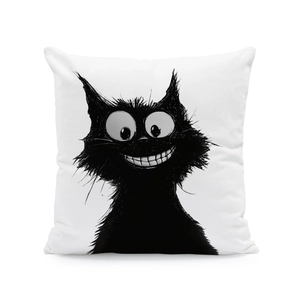 Close-up of white square pillowcase with black cartoon cat illustration on white background