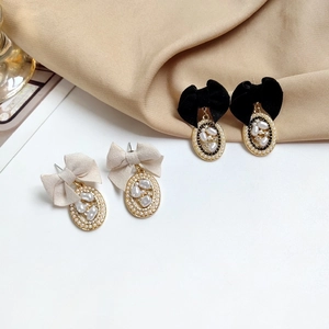 Pendientes De Perlas Artificiales Con Lazo Vintage Francés Tela Terciopelo Aleación Joyería Elegante Mujer Con Poste De Plata De Ley 925