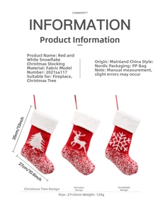 Detailed size and design specifications for red and white knit Christmas stockings
