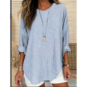 Damen Vintage Gestreift Langarm Top Lässig Locker Rundhals Baumwolle Gewebt Bluse Retro Vertikalstreifen Pullover Hemd