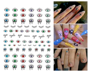 Detail of colorful evil eye nail stickers with dimensions 80mm by 103mm on model hands