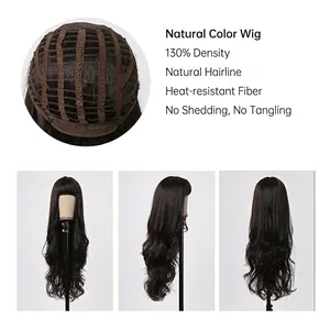 Lange wellige natur schwarze Perücke mit Pony, hitzebeständige Faser, 130% Dichte Haar