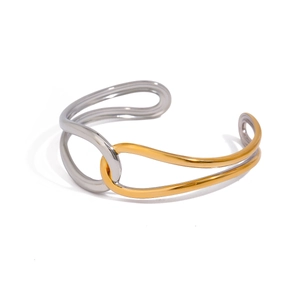 Minimalist bicolor titanium steel open cuff bracelet with intertwined gold and silver bands