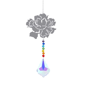 Silver metal floral suncatcher with colorful beads and crystal prism teardrop pendant