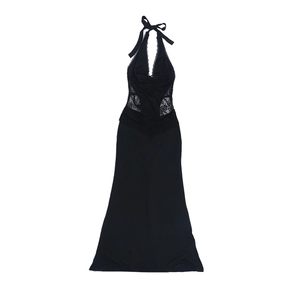 Detailed view of the black lace halter neck maxi dress with elegant sheer mesh cutouts