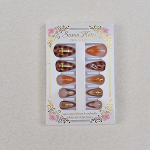 French press-on nails with leopard print, golden crosses, and seashell textures, 24 pieces