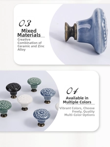 Detail of vintage ceramic drawer knobs with embossed floral patterns and bronze alloy base